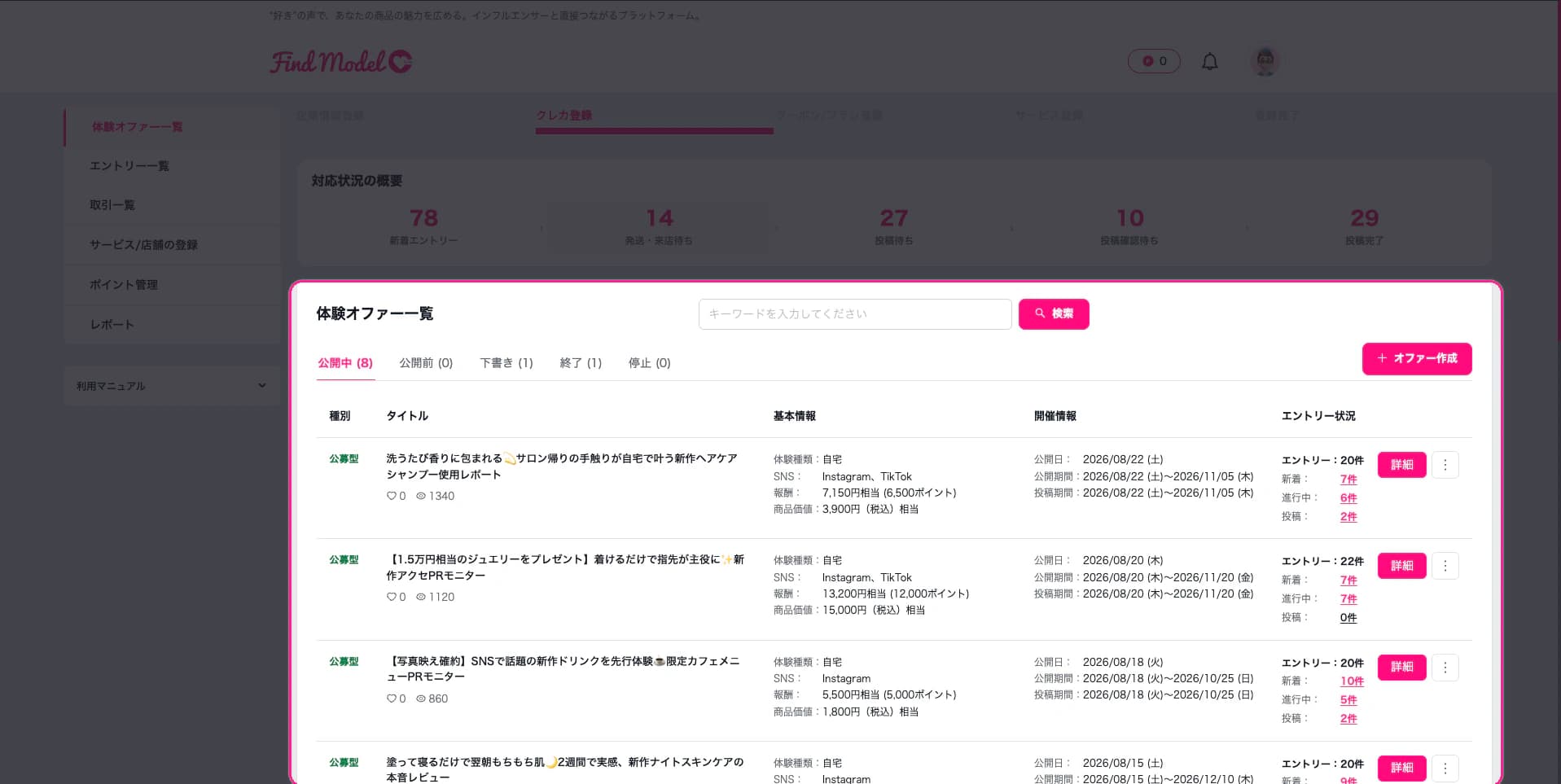 体験オファー一覧。種別・タイトル・基本情報・開催情報・エントリー状況の5列で構成されます